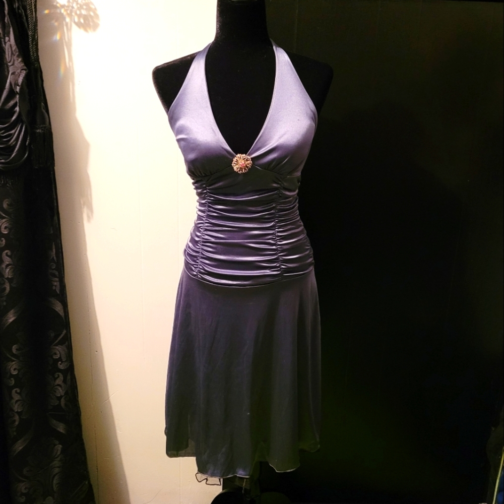 Satin silk vintage pinup style burlesque dress grey blue